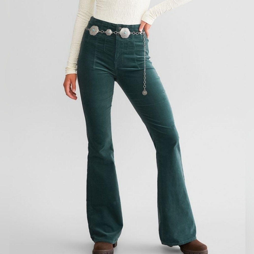 We The Free High Rise Corduroy Flare Pants Elastic Waist size 27 Emerald Green